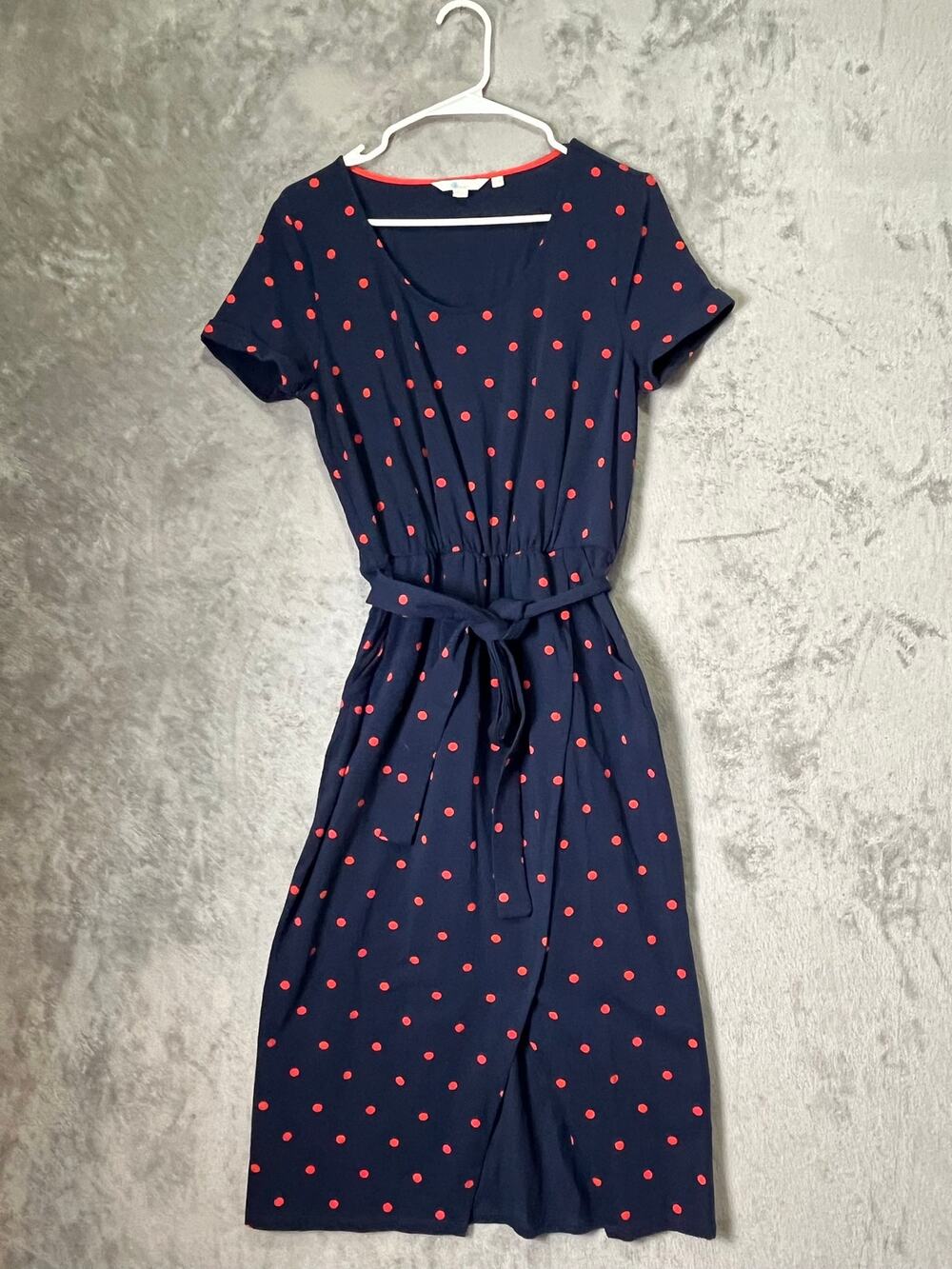 Boden US 8R Navy Red Polka Dot Belted Short Sleeve Midi Dress Fit & Flare